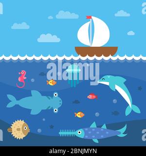 Stilisierte flache Vektorgrafiken des Unterwasserlebens Stock Vektor