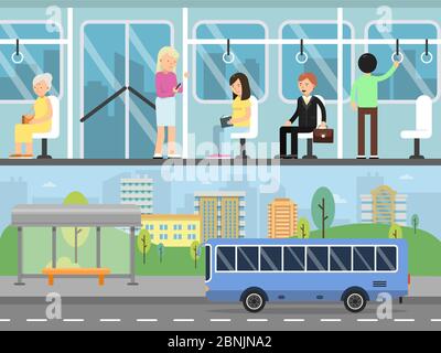 Horizontale Banner mit Abbildungen der Stadtlandschaft mit Transportstationen. Bus-Innenraum mit Passagieren Stock Vektor