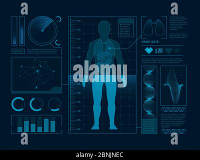 Futuristische medizinische Symbole für Scan für Web-Schnittstelle. Visualisierung von digitalen menschlichen Verifizierung. Vektor-Hud Stock Vektor