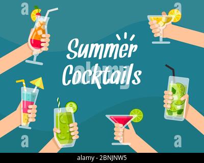 Sommer Hintergrund Illustrationen mit verschiedenen gesunden Saft und Cocktails in den Händen Stock Vektor