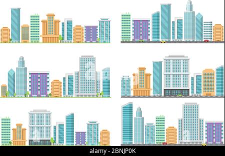 Horizontale nahtlose Stadtlandschaften mit verschiedenen Gebäuden Stock Vektor