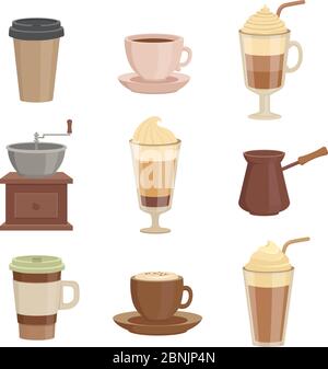 Verschiedene Kaffeesorten. Tassen im Cartoon-Stil Stock Vektor