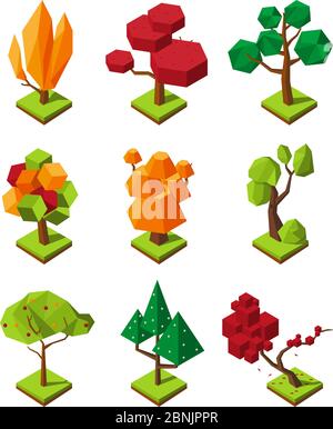 Isometrische polygonale Bäume. Vektor 3D Bäume isolieren auf weißem Hintergrund Stock Vektor