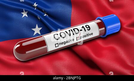 Flagge von Samoa winkend im Wind mit einem positiven Covid-19 Blutprobe Rohr. Stockfoto