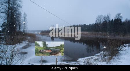 Landschaft durch wechselnde Jahreszeiten - Foto von Pal Hermansen 'der Lauf der Zeit' der gleichen Szene im Sommer, Valer, Ostfold County, Norwegen. J Stockfoto