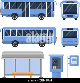 Abbildung der Bushaltestelle. Und verschiedene Ansichten von Bussen Stock Vektor