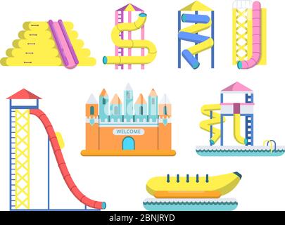 Flache Illustrationen von Wasserpark mit verschiedenen Attraktionen Stock Vektor