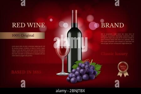 Weinplakat Werbung. Realistische Bilder von Trauben und Wein Stock Vektor