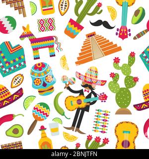 Mexikanisches nahtloses Muster. Farbige Bilder von verschiedenen mexikanischen Symbolen Stock Vektor