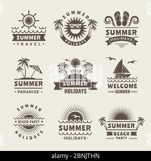 Badges für den Sommer. Vektor-monochrome Etiketten der Sommerzeit. Tropische Illustrationen Stock Vektor