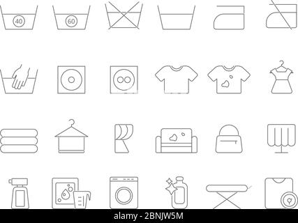 Symbole für die Wasch- und Wäscheleine. Vektor-Symbole für die chemische Reinigung Stock Vektor