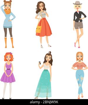Modische Mädchen. Cartoon weibliche Charaktere in verschiedenen Mode Posen Stock Vektor