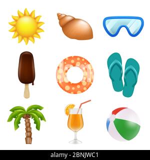Realistische Symbole für den Sommer. Symbole für Reise- und Sommerferien Stock Vektor
