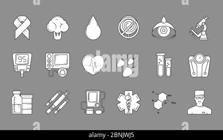 Medizinische schwarze Symbole. Monochrome medizinische Symbole Satz von Insulin, Spritze und andere Stock Vektor