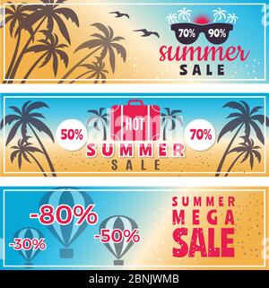 Banner zum Sommerangebot. Horizontale Werbebanner mit Palmen Stock Vektor