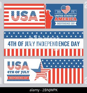 Web-Banner des Unabhängigkeitstages der USA. Vektor-Design-Vorlage von horizontalen Bannern mit amerikanischen Identität Symbole Stock Vektor