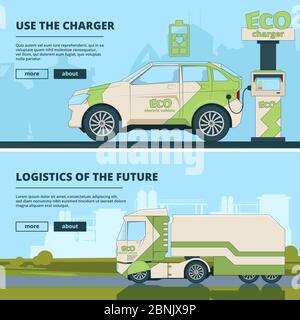 Eco Station für Elektroautos. Verschiedene Banner mit Bildern von Elektroautos Stock Vektor