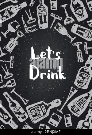Vektor Hand gezeichnete Alkoholtrinkflaschen und Gläser Hintergrund auf schwarzen Tafel Illustration Stock Vektor