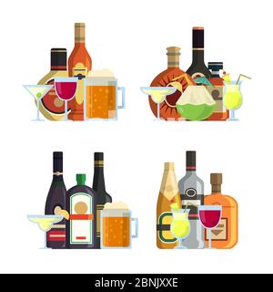 Vector Haufen alkoholischer Getränke in Gläsern und Flaschen im flachen Stil Set Stock Vektor