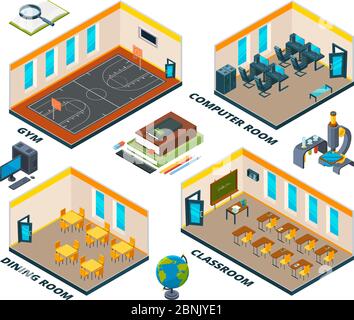 Isometrisches Schulinterieur. Gebäude mit verschiedenen Klassen von Institut oder Schule Stock Vektor
