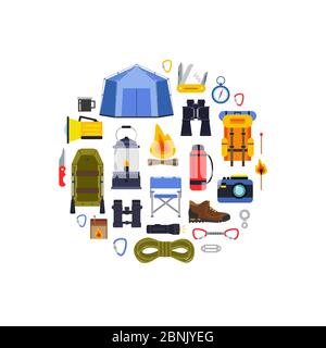 Vektor flache Stil Camping-Elemente in Kreis Illustration gesammelt Stock Vektor