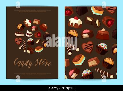 Vektor-Karte oder Flyer-Set für mit Cartoon Schokolade Bonbons Stock Vektor