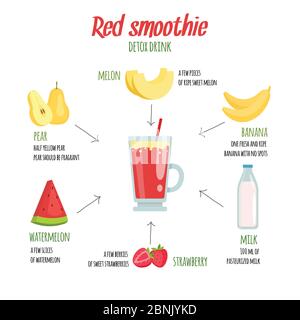 Infografiken zu Cocktails. Verschiedene frische Früchte Smoothie Zutaten Stock Vektor