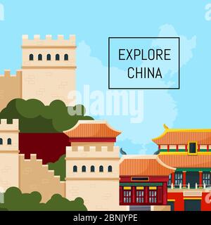 Vektor flacher Stil china Elemente und Sehenswürdigkeiten Hintergrund Illustration Stock Vektor