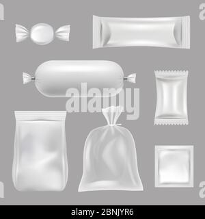 Plastiktüten. Lebensmittelverpackungen aus Polyethylen. Vektor realistische Bilder Stock Vektor