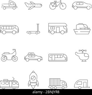 Symbol für Transport. Lineare Illustrationen verschiedener städtischer Verkehrsmittel Stock Vektor