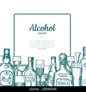 Vektor Hand gezeichnete Alkoholflasche Flaschen und Gläser Rahmen mit Platz für Text mit unten Abbildung Stock Vektor