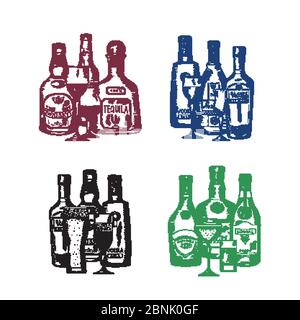 Vektor-Set von Hand gezeichneten Alkohol Getränkeflaschen und Gläser Stapel Illustration Stock Vektor