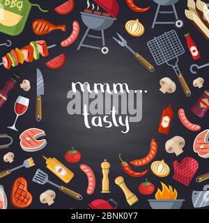 Vektor-Grill oder Grill-Illustration mit Kochelementen auf Tafel Stock Vektor