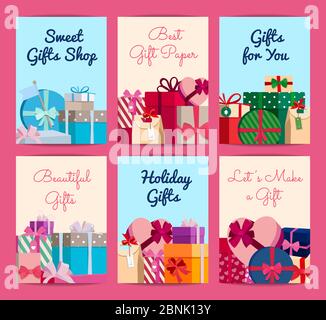 Vektor-Satz von Karten mit Stapel von Geschenkboxen mit Platz für Text Stock Vektor