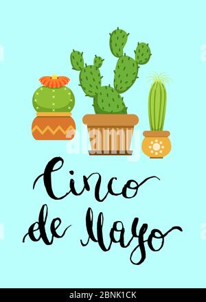 Kakteen in Töpfen im flachen Stil und Cinco De Mayo Stock Vektor