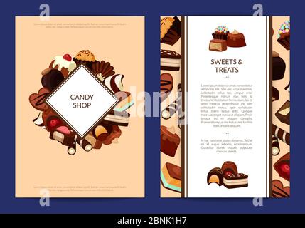 Vektor-Karte oder Flyer Vorlagen mit Cartoon Schokolade Bonbons gesetzt Stock Vektor