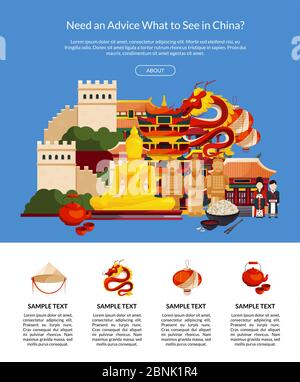 Vektor flacher Stil china Elemente und Sehenswürdigkeiten Stock Vektor