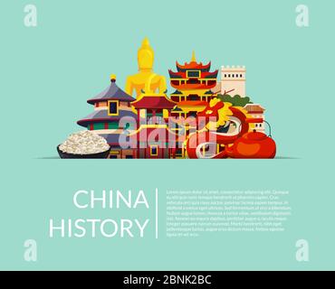 Vektor Stapel von flachen Stil china-Elemente und Sehenswürdigkeiten in horizontalen Papiertasche mit Schatten und Platz für Text versteckt Stock Vektor