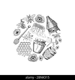 Vektor skizziert konturierten Honig Themenelemente in Kreis Illustration gesammelt Stock Vektor