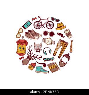 Vektor Hipster Doodle Symbole in Kreisform Illustration Stock Vektor