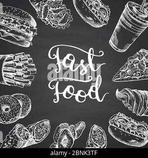 Vektorgrafik mit weißen Fast Food Konturelementen Stock Vektor