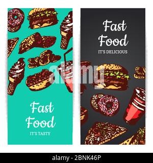 Vektor-Banner oder Flyer mit Fast Food, Eis, Burger, Donuts Stock Vektor