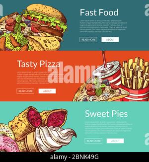 Vector Banner mit Fastfood Burger, Eis, Donuts und Pizza Stock Vektor