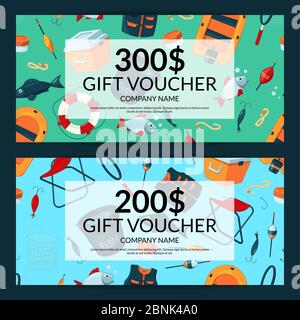 Vektor Rabatt oder Gutschein Vorlagen mit Cartoon Angelausrüstung Stock Vektor