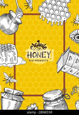 Vektor-Illustration oder Flyer-Vorlage mit handgezeichneten Honigelementen für Honigfarm Stock Vektor