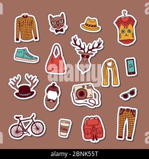 Vektor Hipster Doodle Icons Aufkleber Set Illustration Stock Vektor