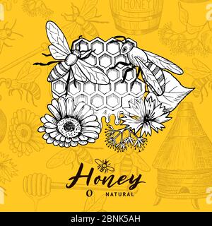 Vektor-Hintergrund mit skizzierten konturierten Honig Thema Elemente und Platz für Text Stock Vektor