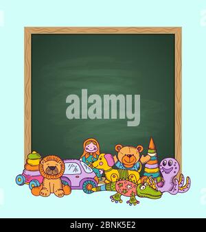 Vektor grüne Tafel Illustration mit Platz für Text und Stapel von Kinderspielzeug von Hand gezeichnet und gefärbt Stock Vektor