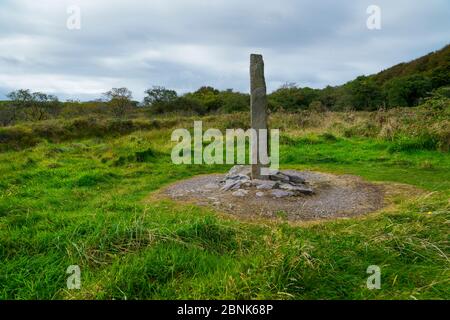 Ogham Stone, Derrynane House and National Park, Caherdaniel, Ring of Kerry Trail, Iveragh Peninsula, County Kerry, Irland, Europa. September 2015. Stockfoto