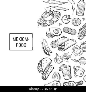 Vektor skizziert mexikanische Lebensmittel-Elemente Stock Vektor